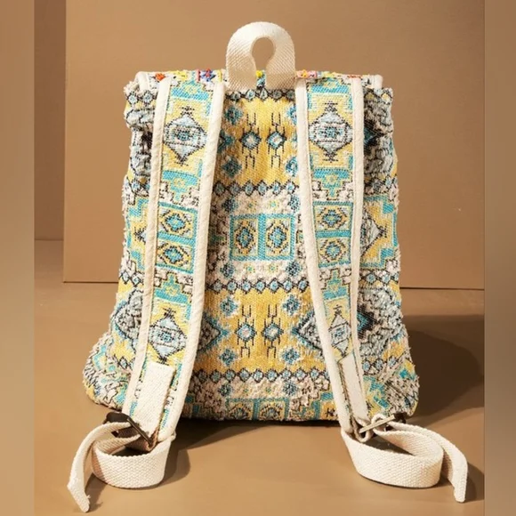Boho Chic Backpack - Ethnic Inspired Pattern - Hand Beaded Accents - Fine Cotton - Picture 3 of 16